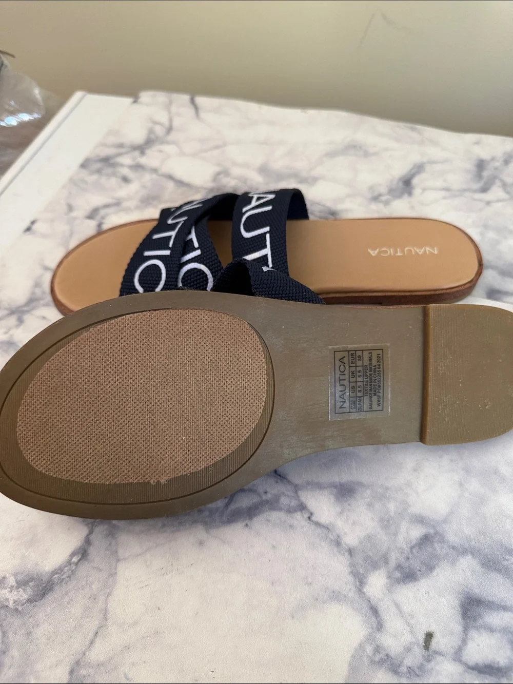 Nautica Navy and Tan Crossband Slide Sandals